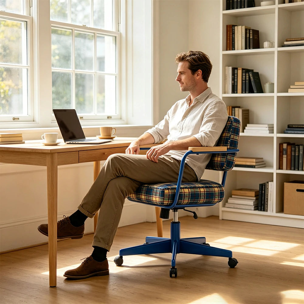 LIVARA Office Chair - Retro Plaid Fabric Upholstery with Wooden Armrests and Adjustable Swivel Base, Mid Century Desk Chair for Home Office - Blue
