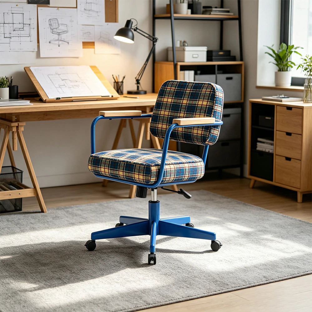 LIVARA Office Chair - Retro Plaid Fabric Upholstery with Wooden Armrests and Adjustable Swivel Base, Mid Century Desk Chair for Home Office - Blue