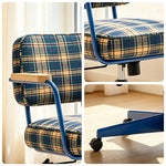 LIVARA Office Chair - Retro Plaid Fabric Upholstery with Wooden Armrests and Adjustable Swivel Base, Mid Century Desk Chair for Home Office - Blue