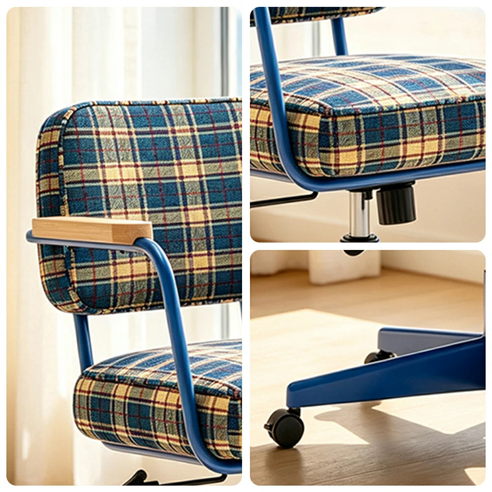 LIVARA Office Chair - Retro Plaid Fabric Upholstery with Wooden Armrests and Adjustable Swivel Base, Mid Century Desk Chair for Home Office - Blue
