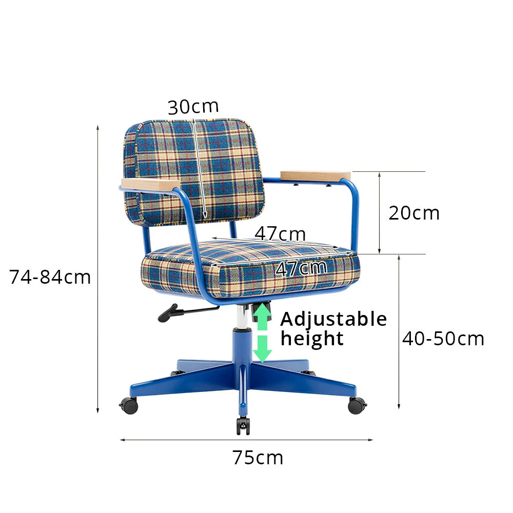 LIVARA Office Chair - Retro Plaid Fabric Upholstery with Wooden Armrests and Adjustable Swivel Base, Mid Century Desk Chair for Home Office - Blue