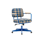 LIVARA Office Chair - Retro Plaid Fabric Upholstery with Wooden Armrests and Adjustable Swivel Base, Mid Century Desk Chair for Home Office - Blue