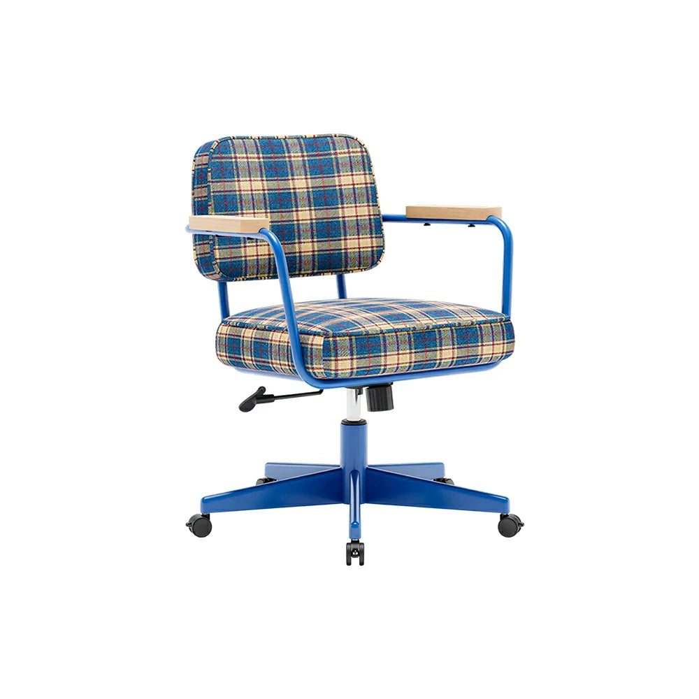 LIVARA Office Chair - Retro Plaid Fabric Upholstery with Wooden Armrests and Adjustable Swivel Base, Mid Century Desk Chair for Home Office - Blue