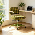 LIVARA Office Chair - Retro Plaid Fabric Upholstery with Wooden Armrests and Adjustable Swivel Base, Mid Century Desk Chair for Home Office - Green