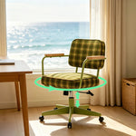 LIVARA Office Chair - Retro Plaid Fabric Upholstery with Wooden Armrests and Adjustable Swivel Base, Mid Century Desk Chair for Home Office - Green