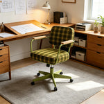 LIVARA Office Chair - Retro Plaid Fabric Upholstery with Wooden Armrests and Adjustable Swivel Base, Mid Century Desk Chair for Home Office - Green