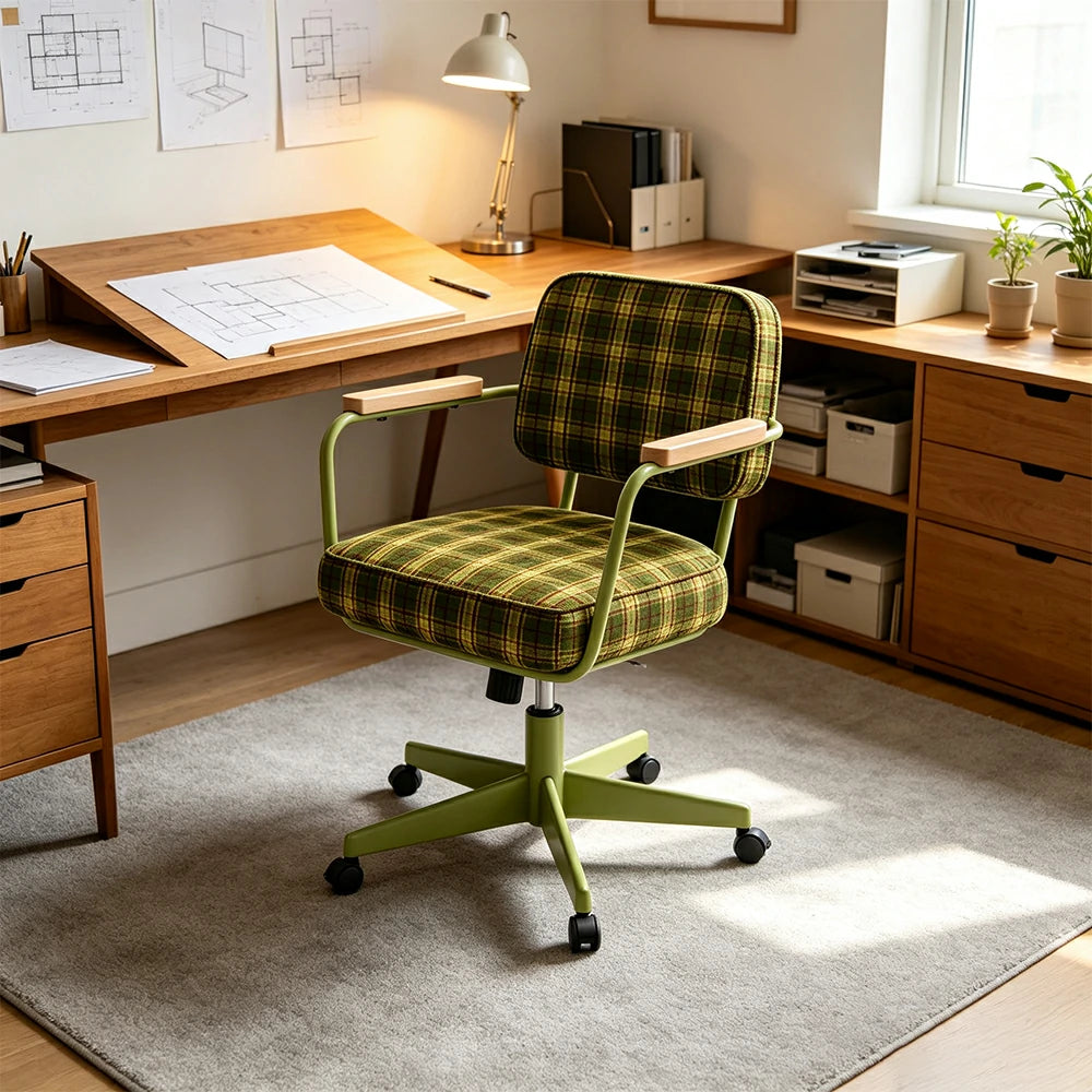 LIVARA Office Chair - Retro Plaid Fabric Upholstery with Wooden Armrests and Adjustable Swivel Base, Mid Century Desk Chair for Home Office - Green