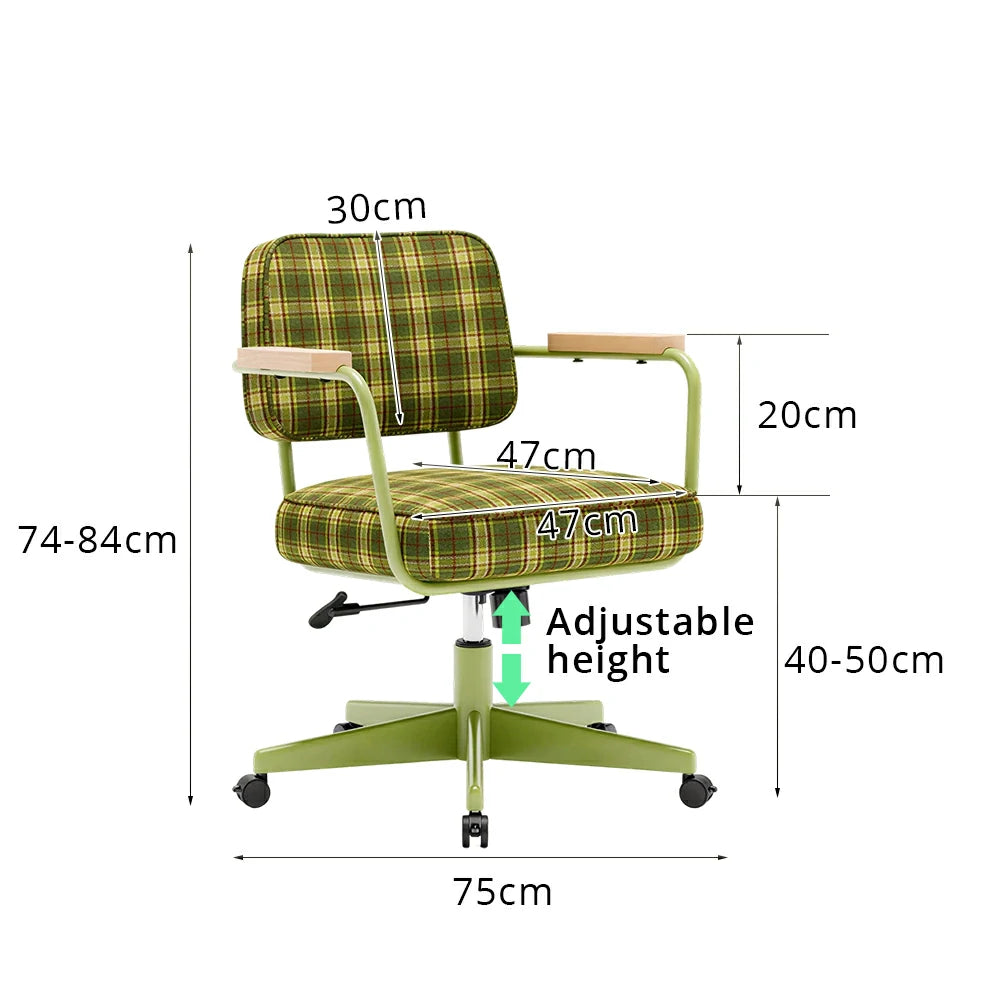 LIVARA Office Chair - Retro Plaid Fabric Upholstery with Wooden Armrests and Adjustable Swivel Base, Mid Century Desk Chair for Home Office - Green