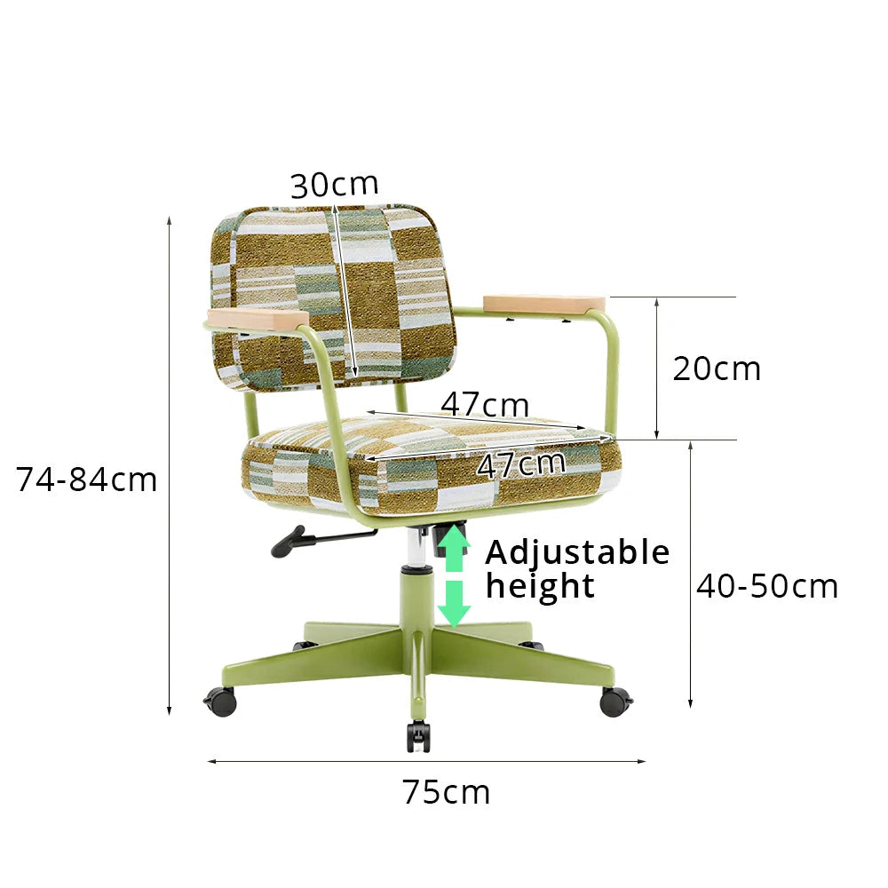 LIVARA Office Chair - Retro Plaid Fabric Upholstery with Wooden Armrests and Adjustable Swivel Base, Mid Century Desk Chair for Home Office - Green