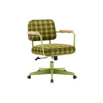 LIVARA Office Chair - Retro Plaid Fabric Upholstery with Wooden Armrests and Adjustable Swivel Base, Mid Century Desk Chair for Home Office - Green
