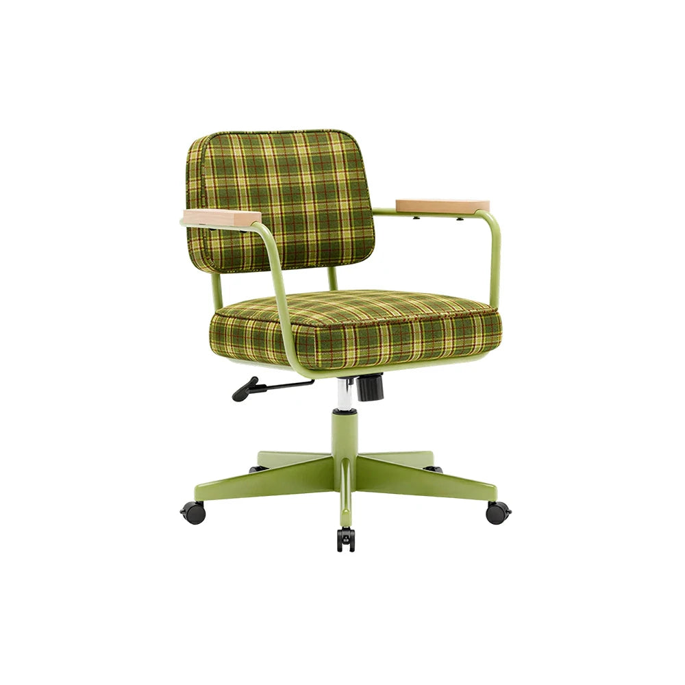 LIVARA Office Chair - Retro Plaid Fabric Upholstery with Wooden Armrests and Adjustable Swivel Base, Mid Century Desk Chair for Home Office - Green