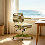 LIVARA Office Chair - Retro Plaid Fabric Upholstery with Wooden Armrests and Adjustable Swivel Base, Mid Century Desk Chair for Home Office - Green
