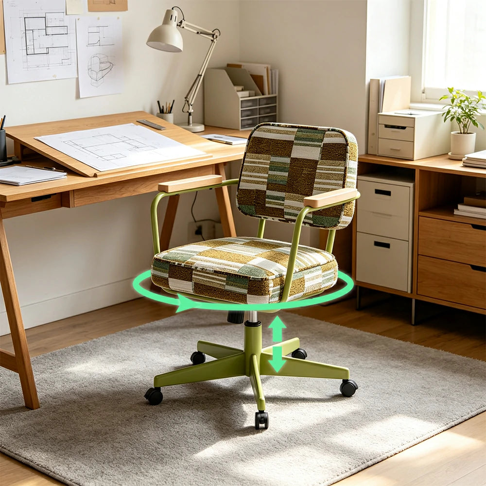 LIVARA Office Chair - Retro Plaid Fabric Upholstery with Wooden Armrests and Adjustable Swivel Base, Mid Century Desk Chair for Home Office - Green