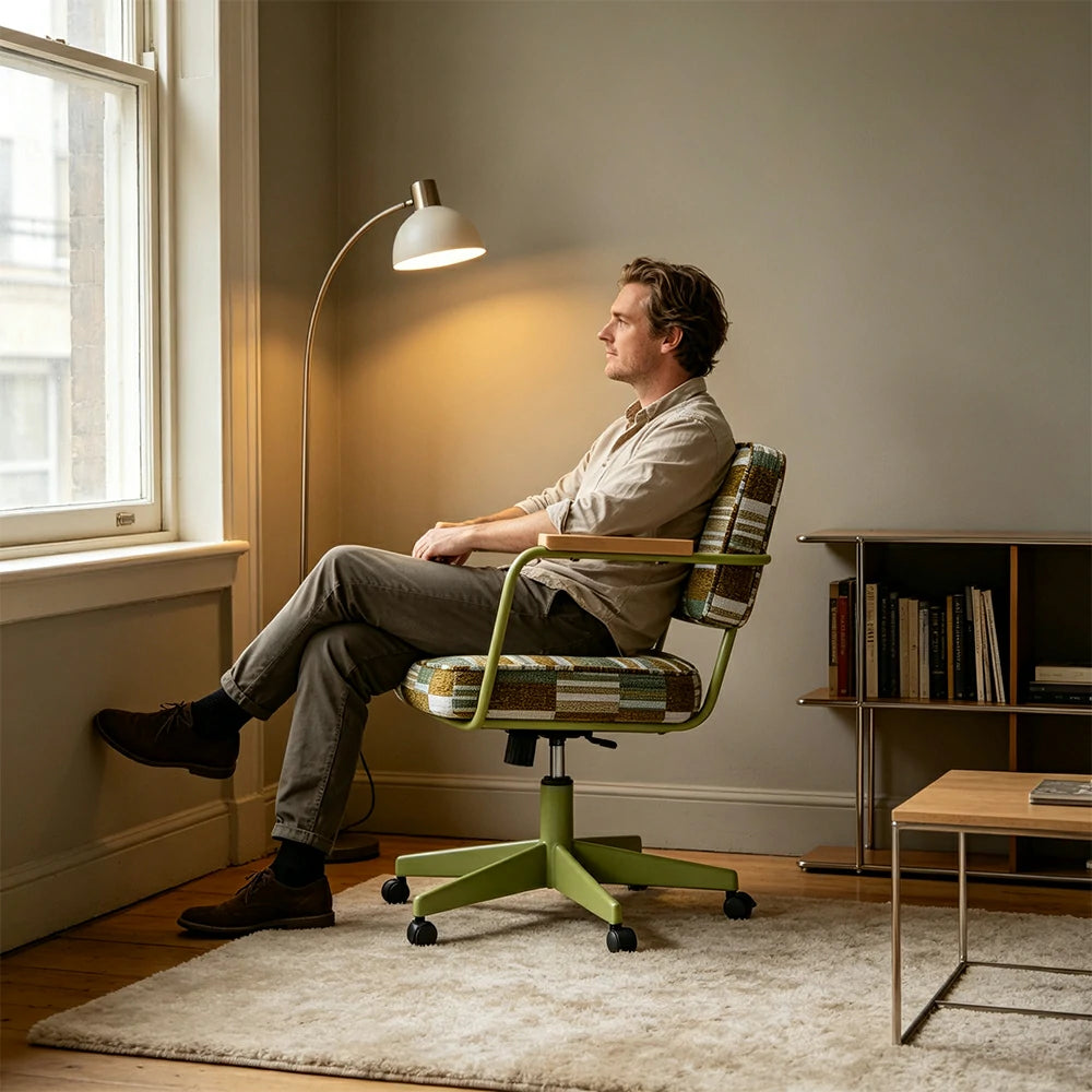 LIVARA Office Chair - Retro Plaid Fabric Upholstery with Wooden Armrests and Adjustable Swivel Base, Mid Century Desk Chair for Home Office - Green