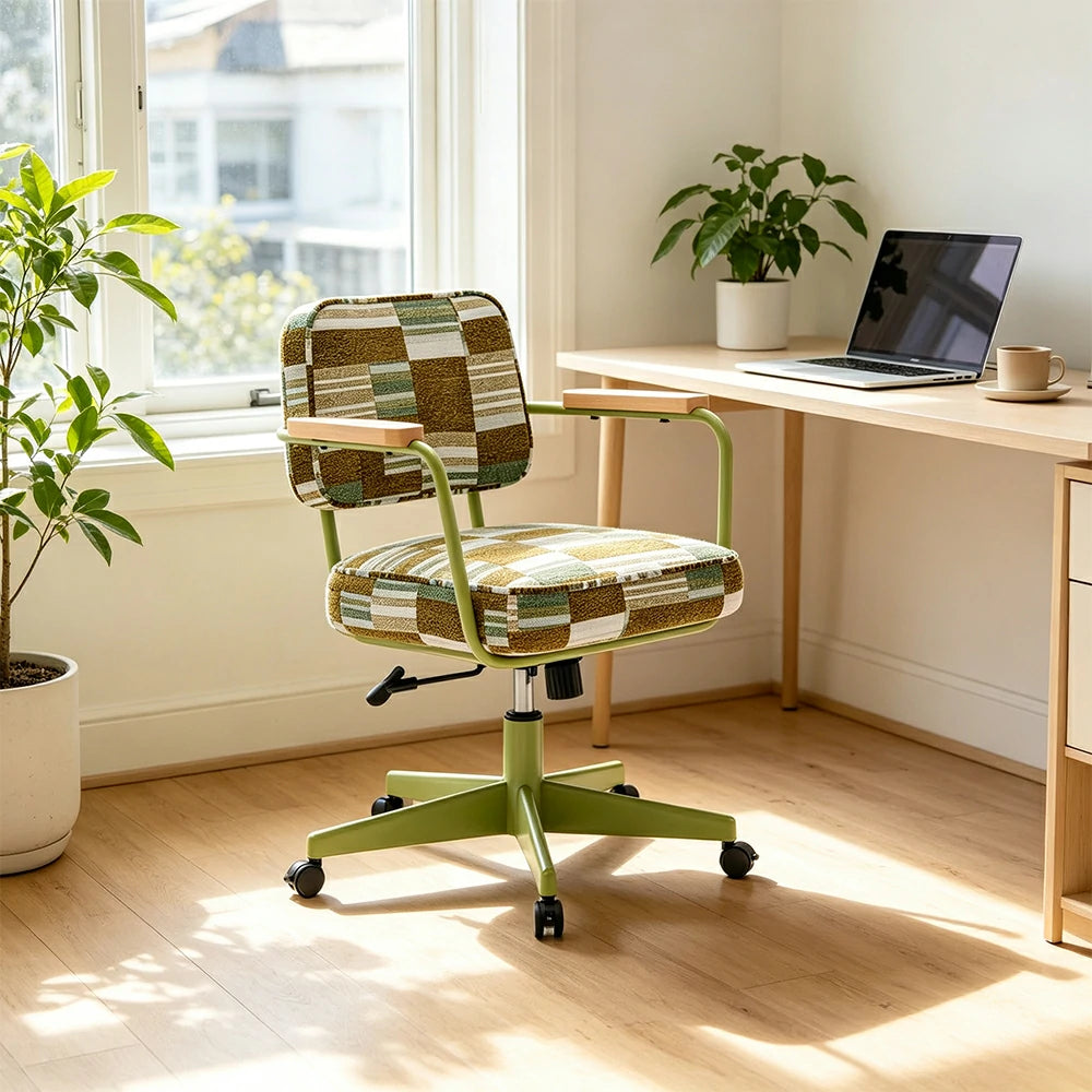 LIVARA Office Chair - Retro Plaid Fabric Upholstery with Wooden Armrests and Adjustable Swivel Base, Mid Century Desk Chair for Home Office - Green