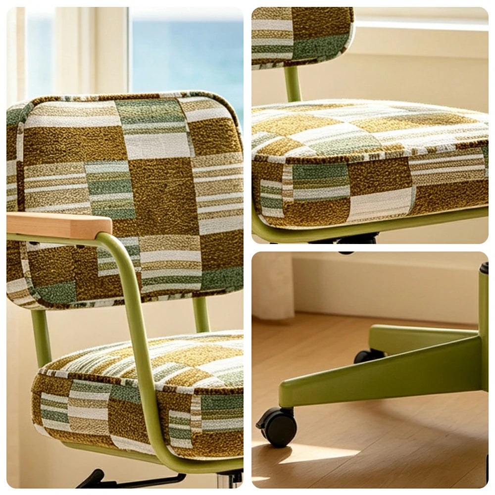 LIVARA Office Chair - Retro Plaid Fabric Upholstery with Wooden Armrests and Adjustable Swivel Base, Mid Century Desk Chair for Home Office - Green