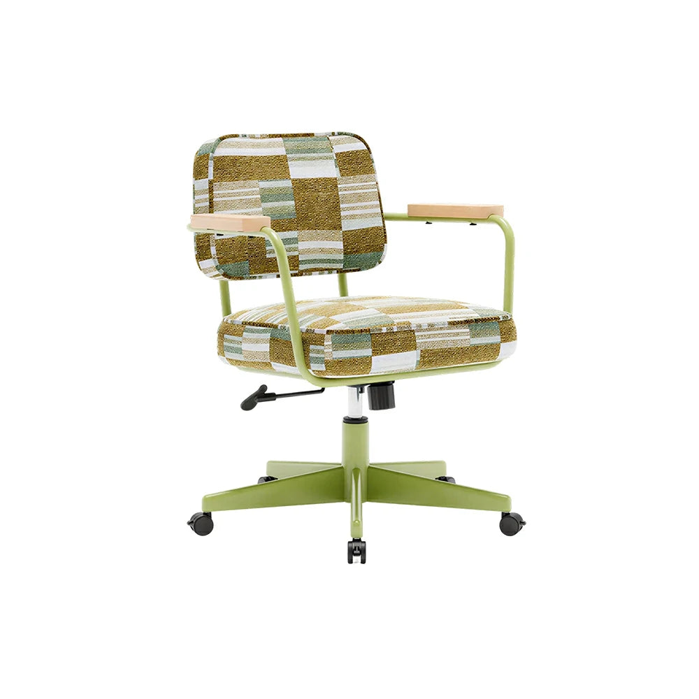 LIVARA Office Chair - Retro Plaid Fabric Upholstery with Wooden Armrests and Adjustable Swivel Base, Mid Century Desk Chair for Home Office - Green