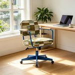 LIVARA Office Chair - Retro Plaid Fabric Upholstery with Wooden Armrests and Adjustable Swivel Base, Mid Century Desk Chair for Home Office - Blue