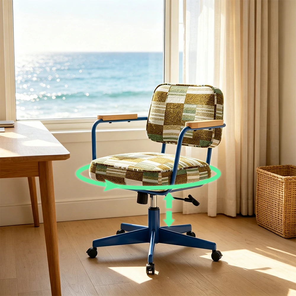 LIVARA Office Chair - Retro Plaid Fabric Upholstery with Wooden Armrests and Adjustable Swivel Base, Mid Century Desk Chair for Home Office - Blue