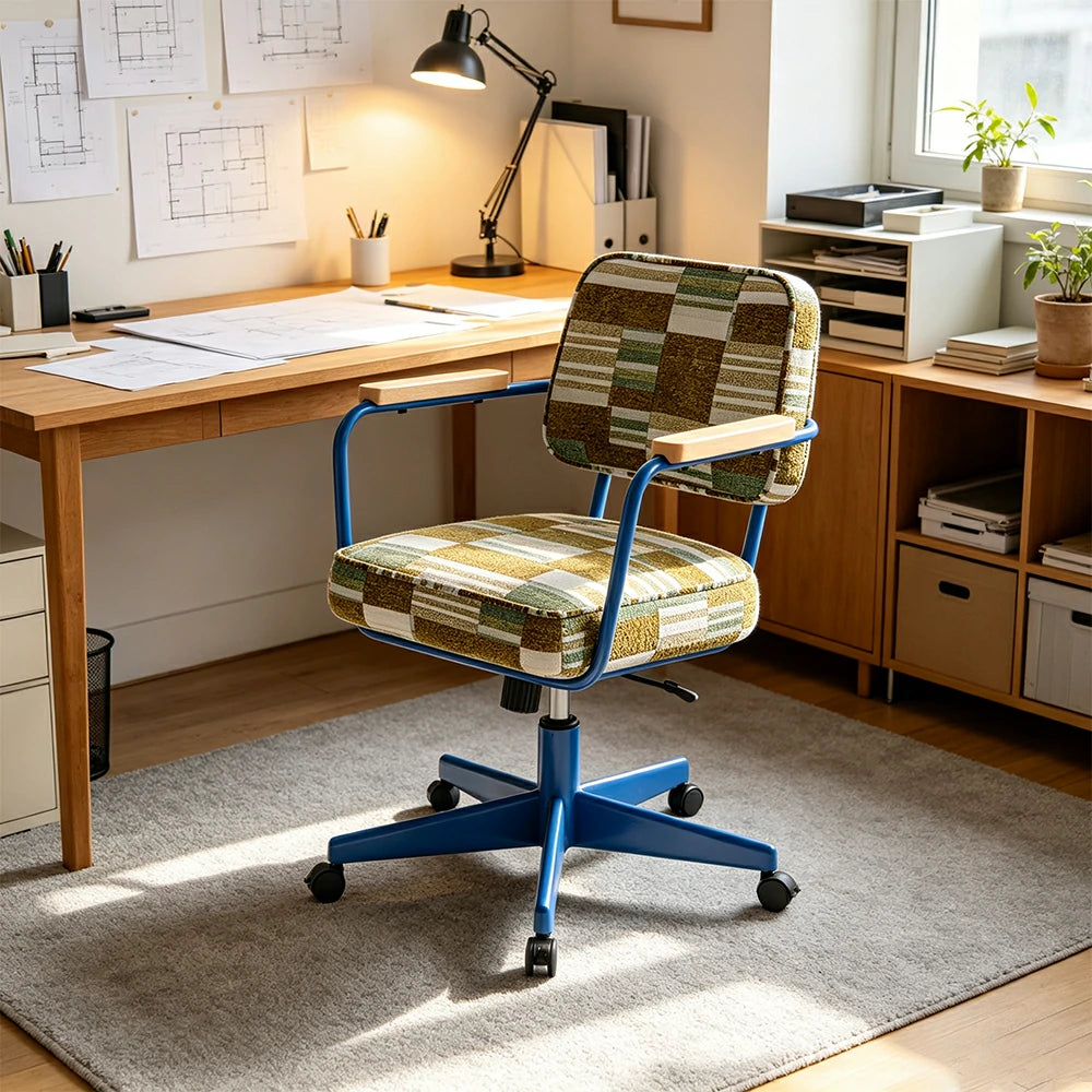 LIVARA Office Chair - Retro Plaid Fabric Upholstery with Wooden Armrests and Adjustable Swivel Base, Mid Century Desk Chair for Home Office - Blue