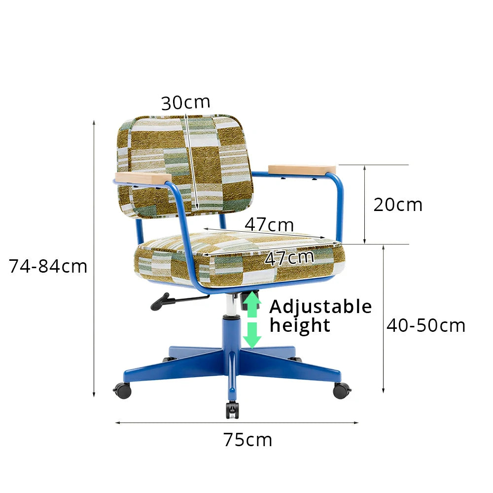 LIVARA Office Chair - Retro Plaid Fabric Upholstery with Wooden Armrests and Adjustable Swivel Base, Mid Century Desk Chair for Home Office - Blue
