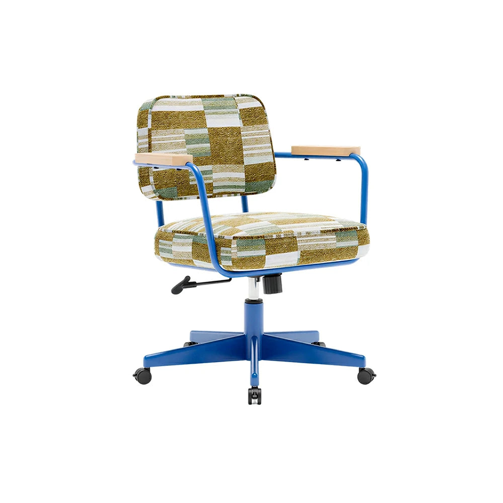LIVARA Office Chair - Retro Plaid Fabric Upholstery with Wooden Armrests and Adjustable Swivel Base, Mid Century Desk Chair for Home Office - Blue
