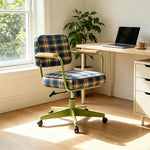 LIVARA Office Chair - Retro Plaid Fabric Upholstery with Wooden Armrests and Adjustable Swivel Base, Mid Century Desk Chair for Home Office - Green