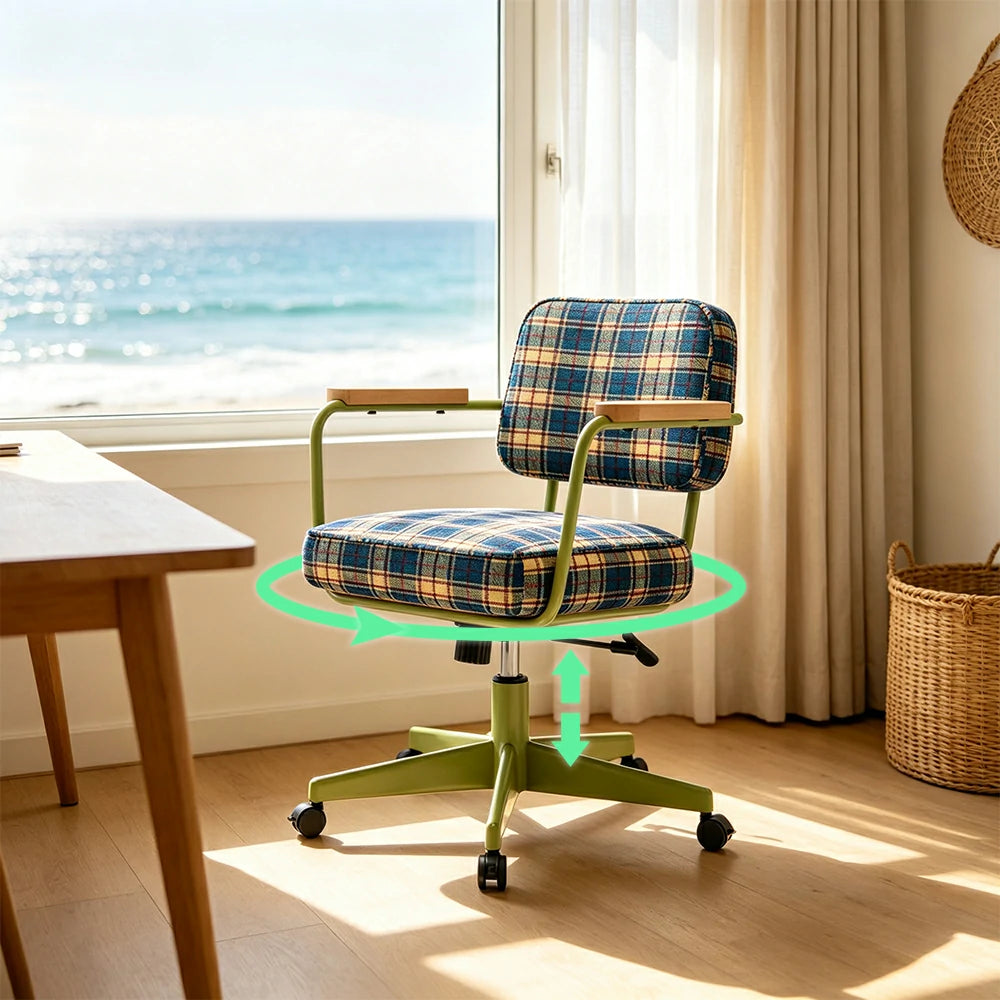 LIVARA Office Chair - Retro Plaid Fabric Upholstery with Wooden Armrests and Adjustable Swivel Base, Mid Century Desk Chair for Home Office - Green