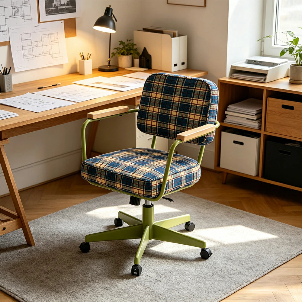 LIVARA Office Chair - Retro Plaid Fabric Upholstery with Wooden Armrests and Adjustable Swivel Base, Mid Century Desk Chair for Home Office - Green