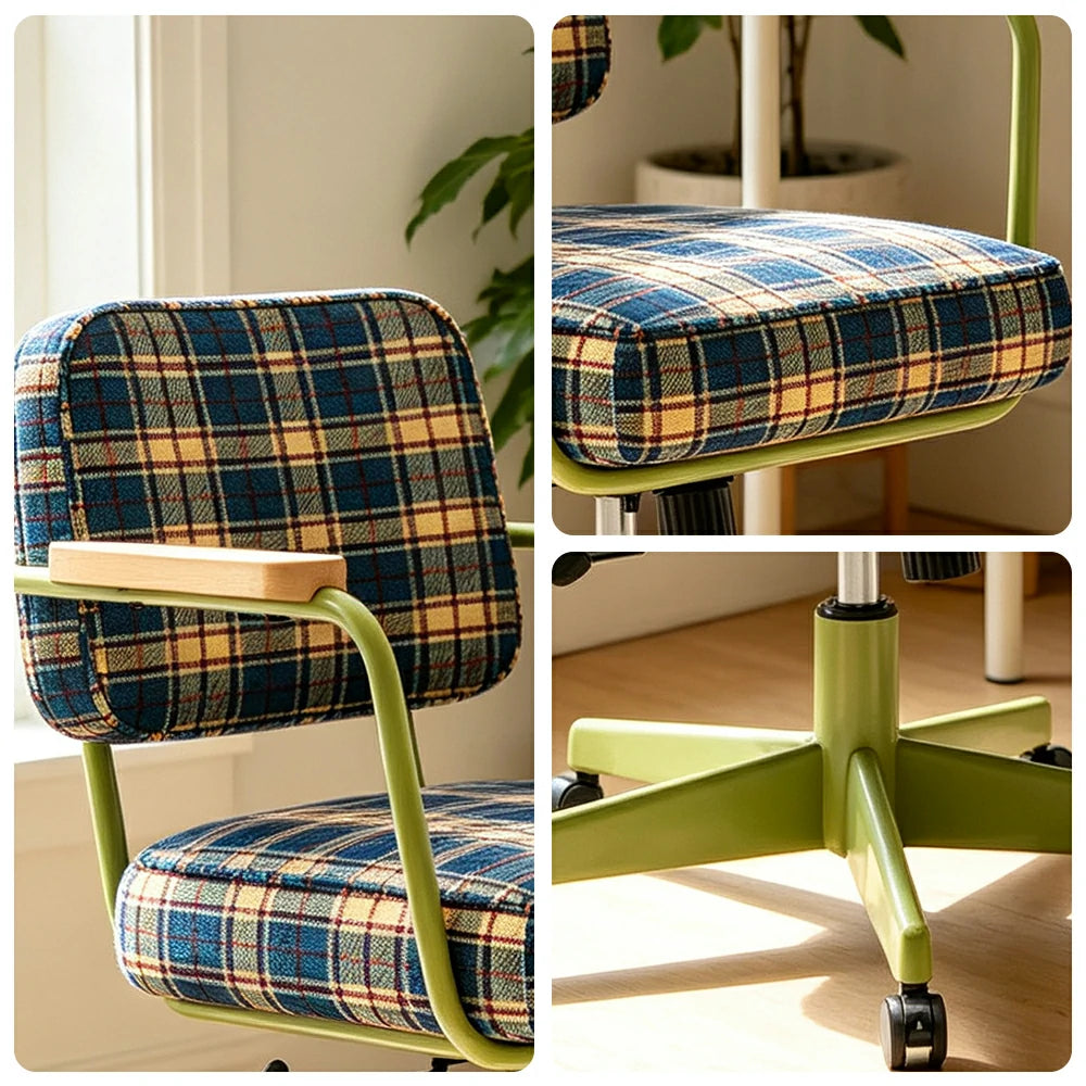 LIVARA Office Chair - Retro Plaid Fabric Upholstery with Wooden Armrests and Adjustable Swivel Base, Mid Century Desk Chair for Home Office - Green