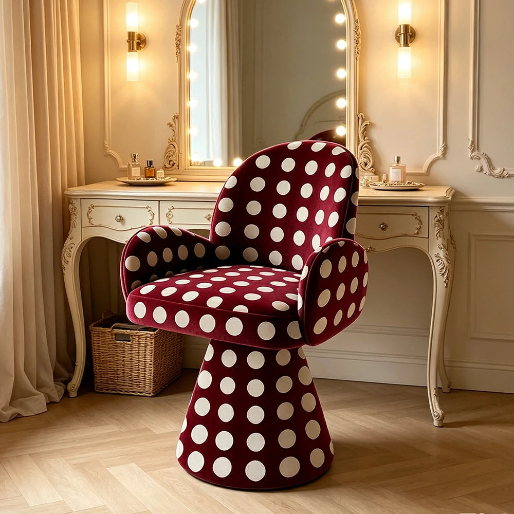 LIVARA Accent Chair - Polka Dot Chenille Upholstery with Solid Wood Frame and 360-Degree Swivel Base, Retro Makeup Chair for Bedroom & Living Space - Red