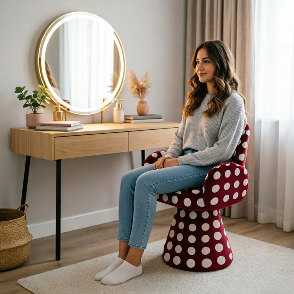 LIVARA Accent Chair - Polka Dot Chenille Upholstery with Solid Wood Frame and 360-Degree Swivel Base, Retro Makeup Chair for Bedroom & Living Space - Red