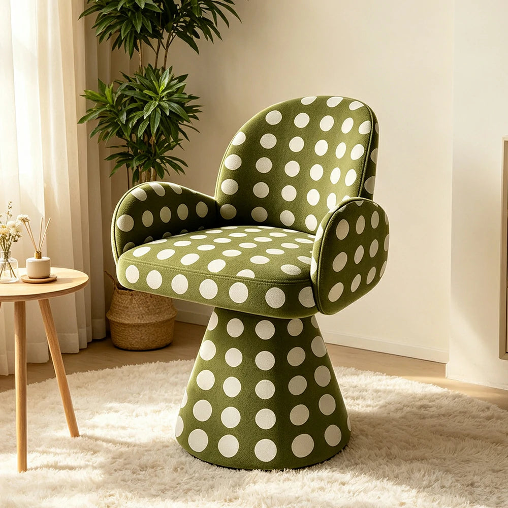 LIVARA Accent Chair - Polka Dot Chenille Upholstery with Solid Wood Frame and 360-Degree Swivel Base, Retro Makeup Chair for Bedroom & Living Space - Green