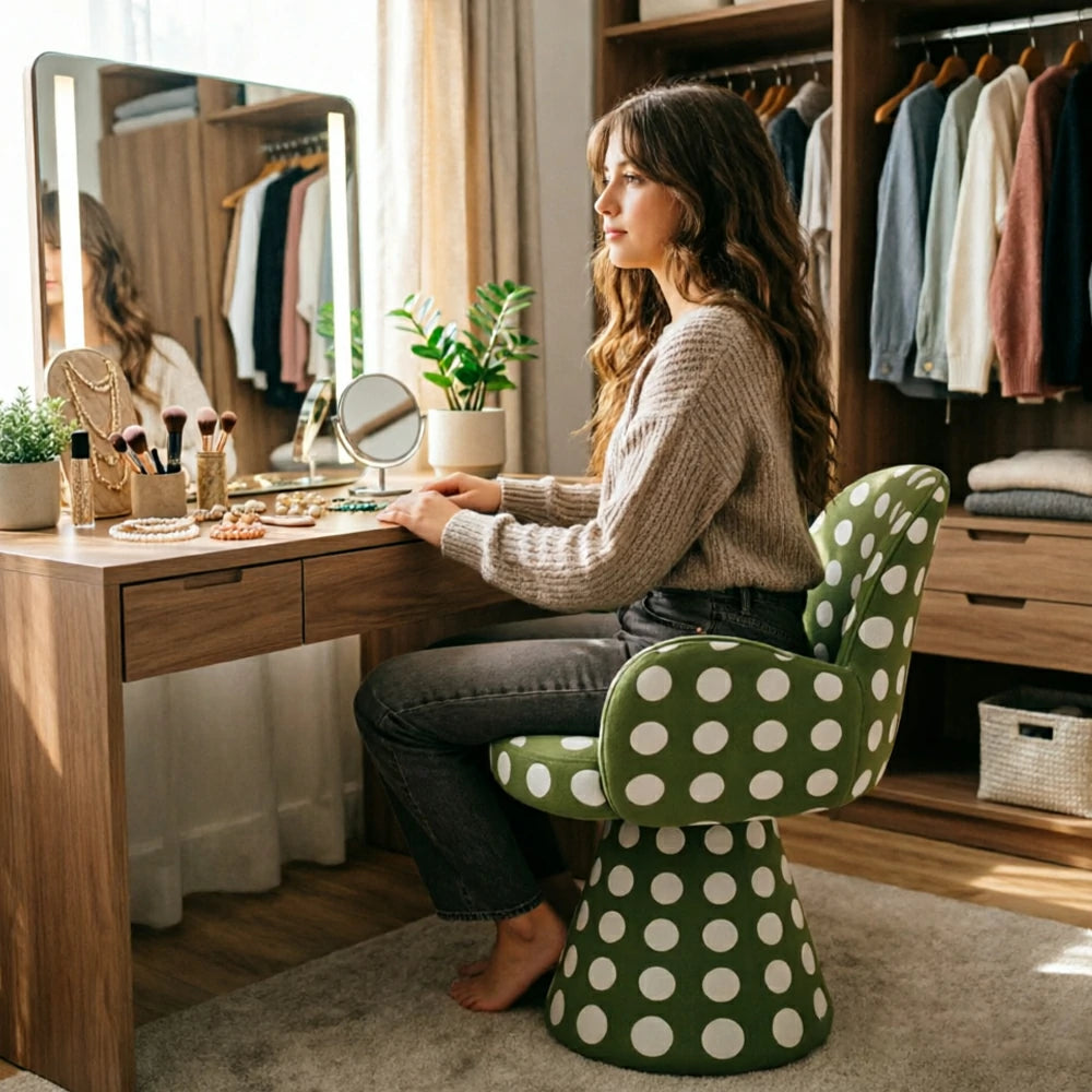 LIVARA Accent Chair - Polka Dot Chenille Upholstery with Solid Wood Frame and 360-Degree Swivel Base, Retro Makeup Chair for Bedroom & Living Space - Green