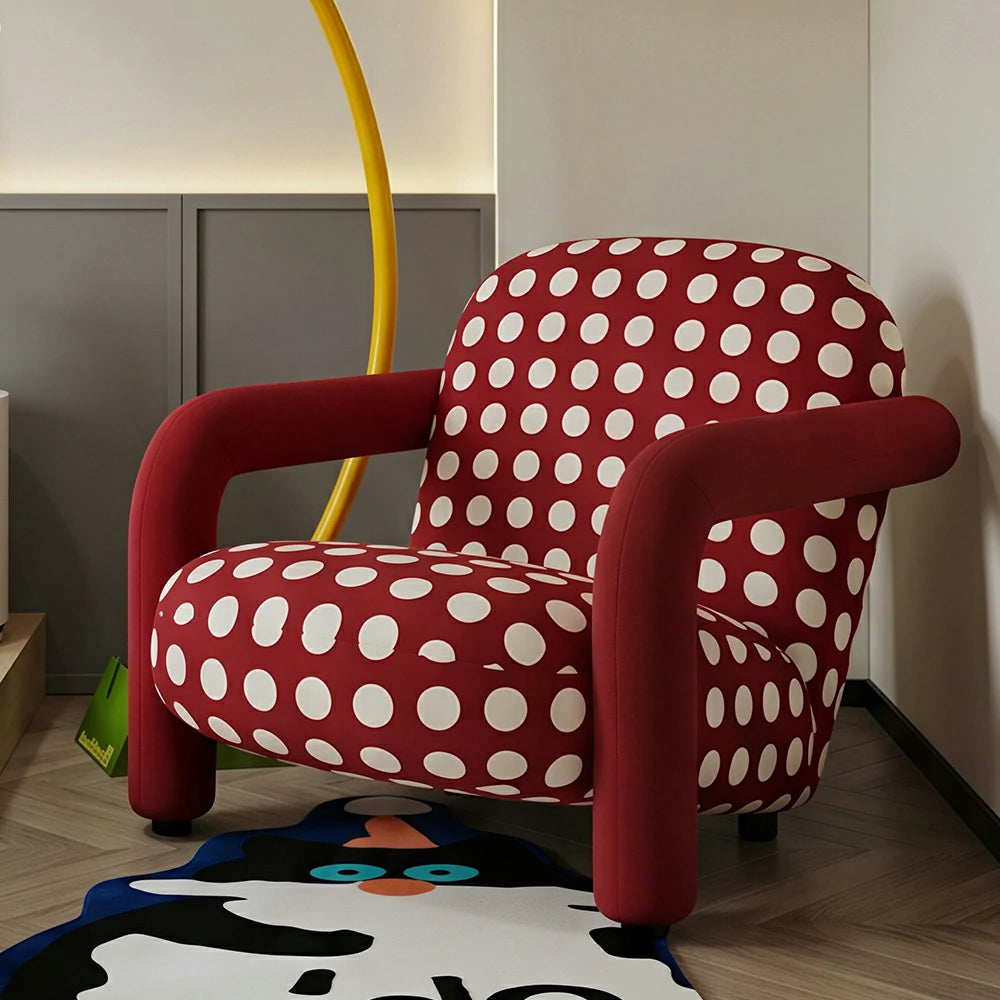 LIVARA Lounge Chair - Polka Dot Fabric Upholstery with Wide Armrests, Retro Accent Chair for Living Room & Bedroom - Red