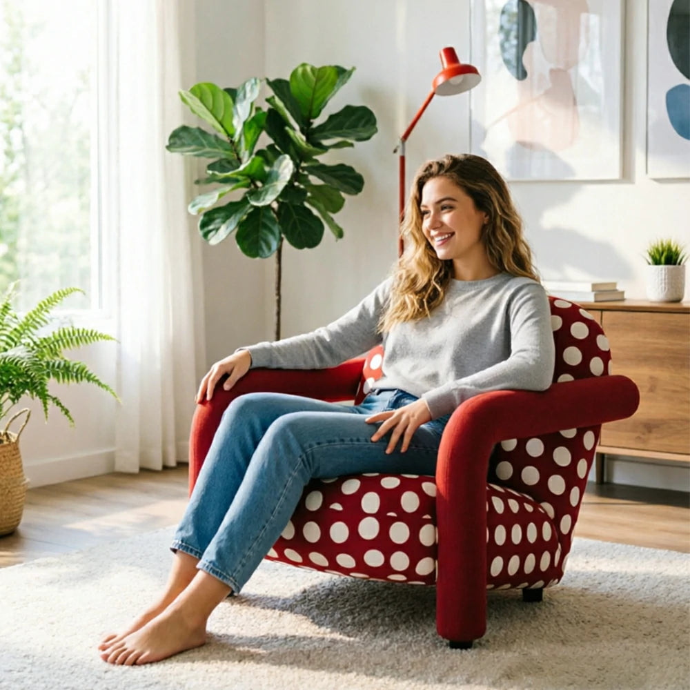 LIVARA Lounge Chair - Polka Dot Fabric Upholstery with Wide Armrests, Retro Accent Chair for Living Room & Bedroom - Red