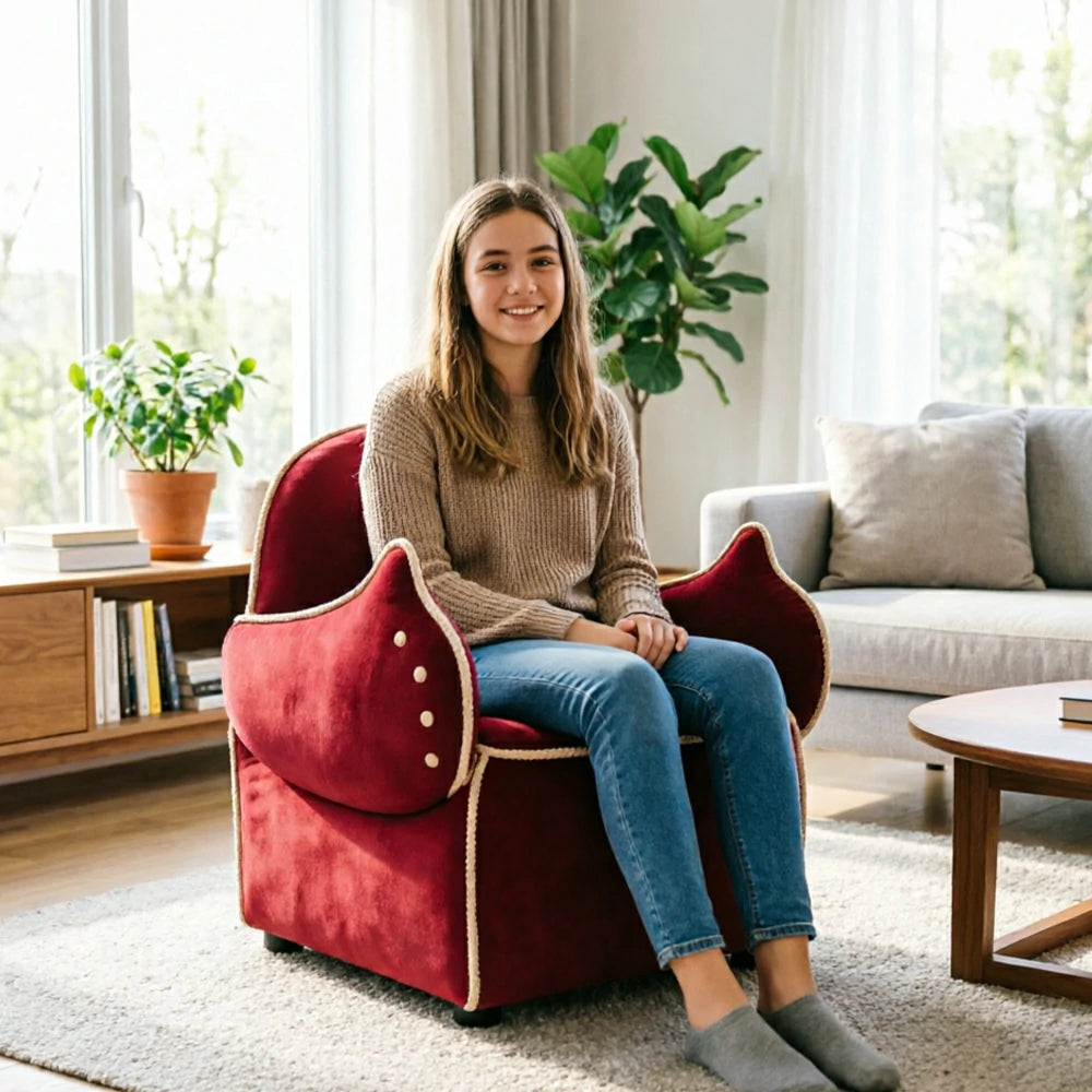 LIVARA Lounge Chair - Smile Face Design with Soft Velvet Upholstery and Solid Wood Frame, Cozy Accent Chair for Living Room & Bedroom - Red