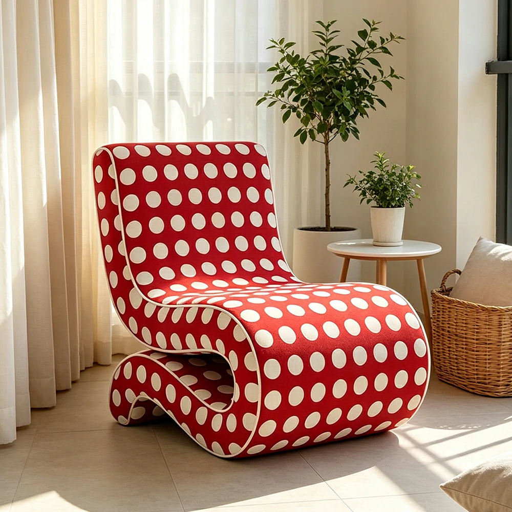 LIVARA Lounge Chair - Polka Dot Velvet Upholstery with Ergonomic Curved Design, Cozy Accent Chair for Living Room & Bedroom - Red