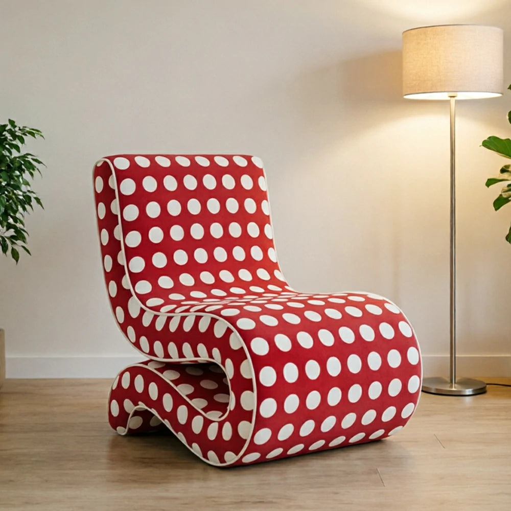 LIVARA Lounge Chair - Polka Dot Velvet Upholstery with Ergonomic Curved Design, Cozy Accent Chair for Living Room & Bedroom - Red