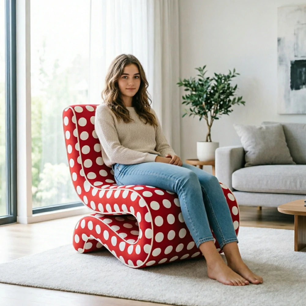LIVARA Lounge Chair - Polka Dot Velvet Upholstery with Ergonomic Curved Design, Cozy Accent Chair for Living Room & Bedroom - Red