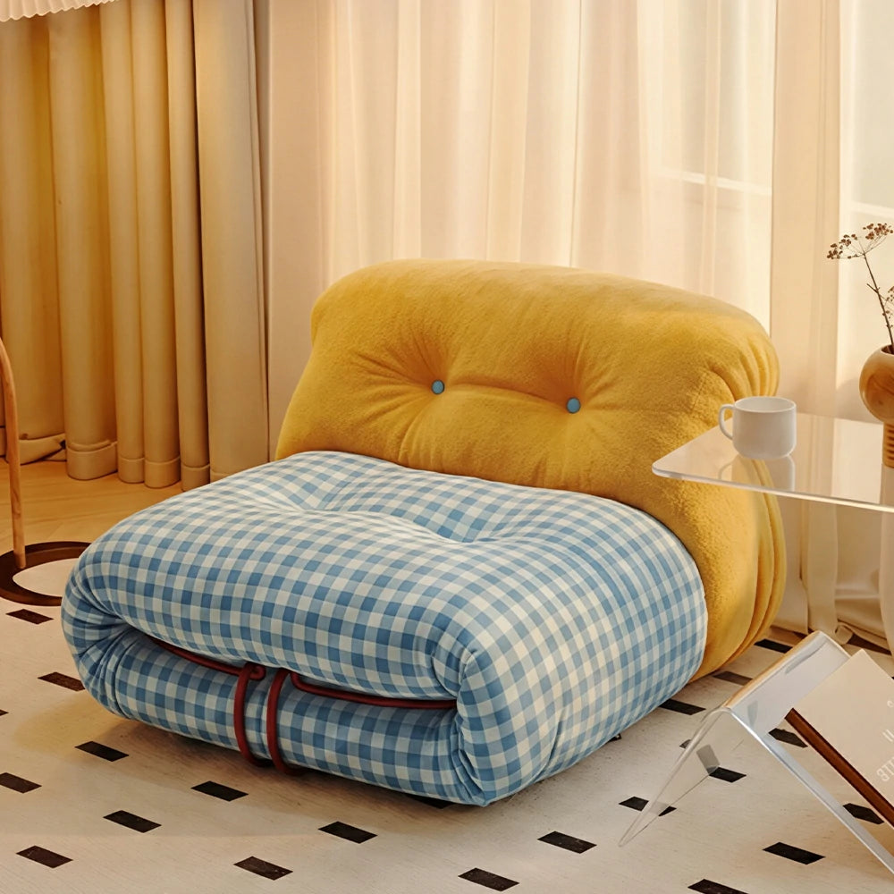 LIVARA Lounge Chair - Chenille and Plaid Fabric Upholstery with Solid Timber Frame, Cozy Retro Accent Chair for Living Room & Bedroom - Yellow