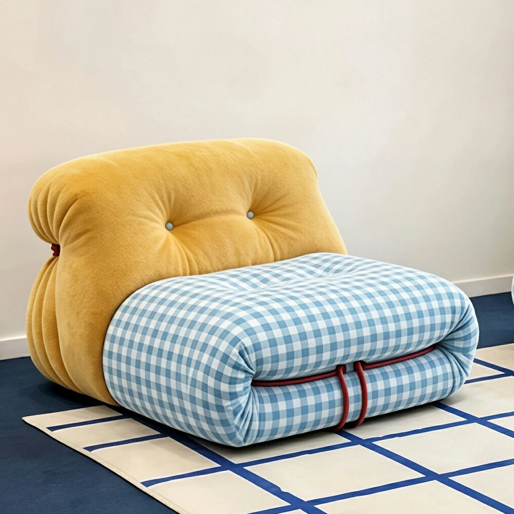 LIVARA Lounge Chair - Chenille and Plaid Fabric Upholstery with Solid Timber Frame, Cozy Retro Accent Chair for Living Room & Bedroom - Yellow