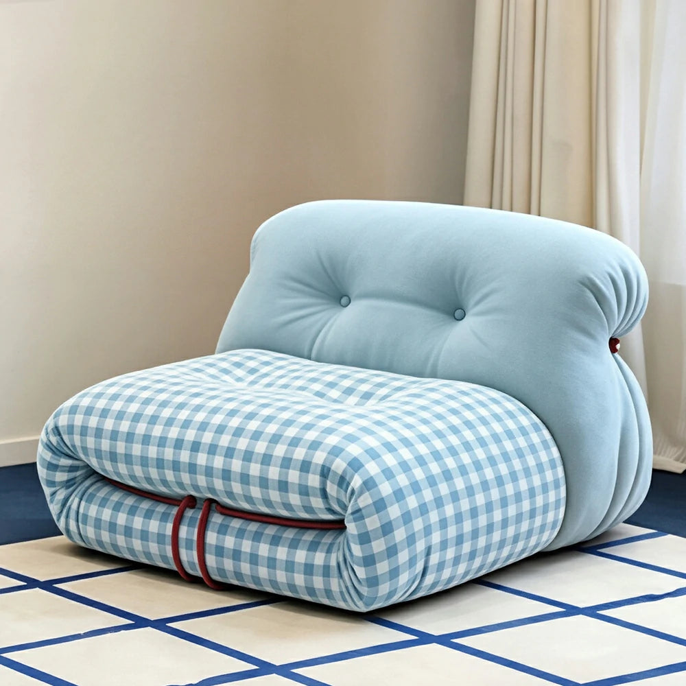LIVARA Lounge Chair - Chenille and Plaid Fabric Upholstery with Solid Timber Frame, Cozy Retro Accent Chair for Living Room & Bedroom - Blue