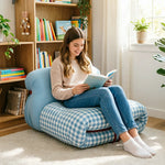 LIVARA Lounge Chair - Chenille and Plaid Fabric Upholstery with Solid Timber Frame, Cozy Retro Accent Chair for Living Room & Bedroom - Blue