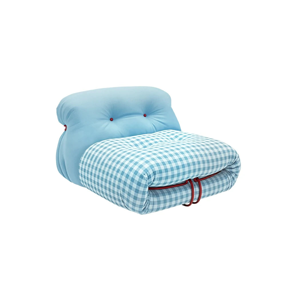 LIVARA Lounge Chair - Chenille and Plaid Fabric Upholstery with Solid Timber Frame, Cozy Retro Accent Chair for Living Room & Bedroom - Blue