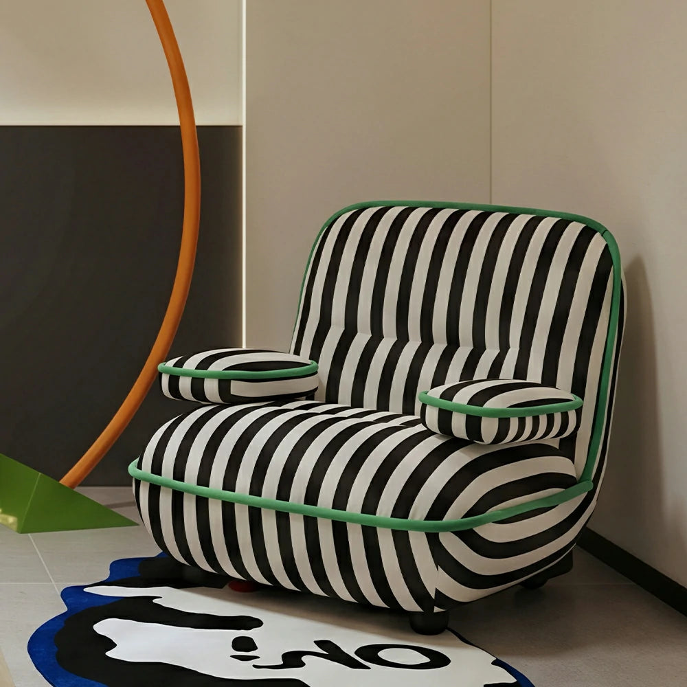 LIVARA Lounge Chair - Striped Velvet Upholstery with Solid Timber Frame and Contrast Trim Design, Retro Accent Chair for Living Room & Bedroom - Black