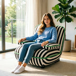 LIVARA Lounge Chair - Striped Velvet Upholstery with Solid Timber Frame and Contrast Trim Design, Retro Accent Chair for Living Room & Bedroom - Black