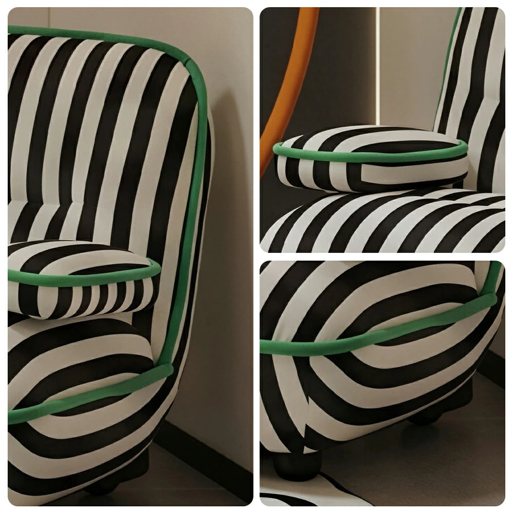 LIVARA Lounge Chair - Striped Velvet Upholstery with Solid Timber Frame and Contrast Trim Design, Retro Accent Chair for Living Room & Bedroom - Black