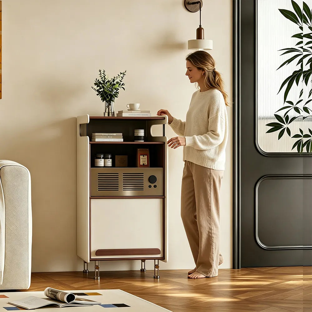 LIVARA 45cm Retro Storage Cabinet - Solid Timber Frame with Display Shelf & Flip Door for Living Room Entryway - Walnut & Cream