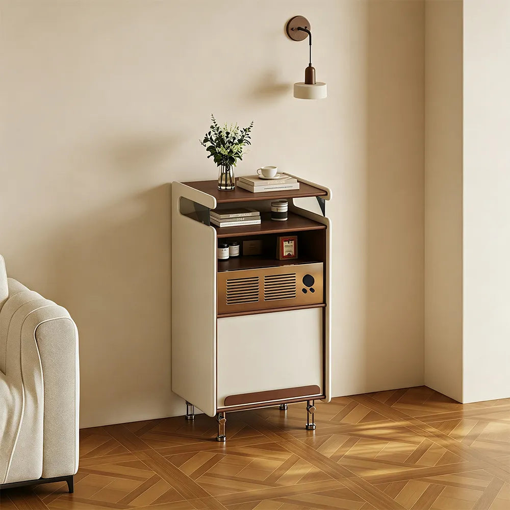 LIVARA 45cm Retro Storage Cabinet - Solid Timber Frame with Display Shelf & Flip Door for Living Room Entryway - Walnut & Cream